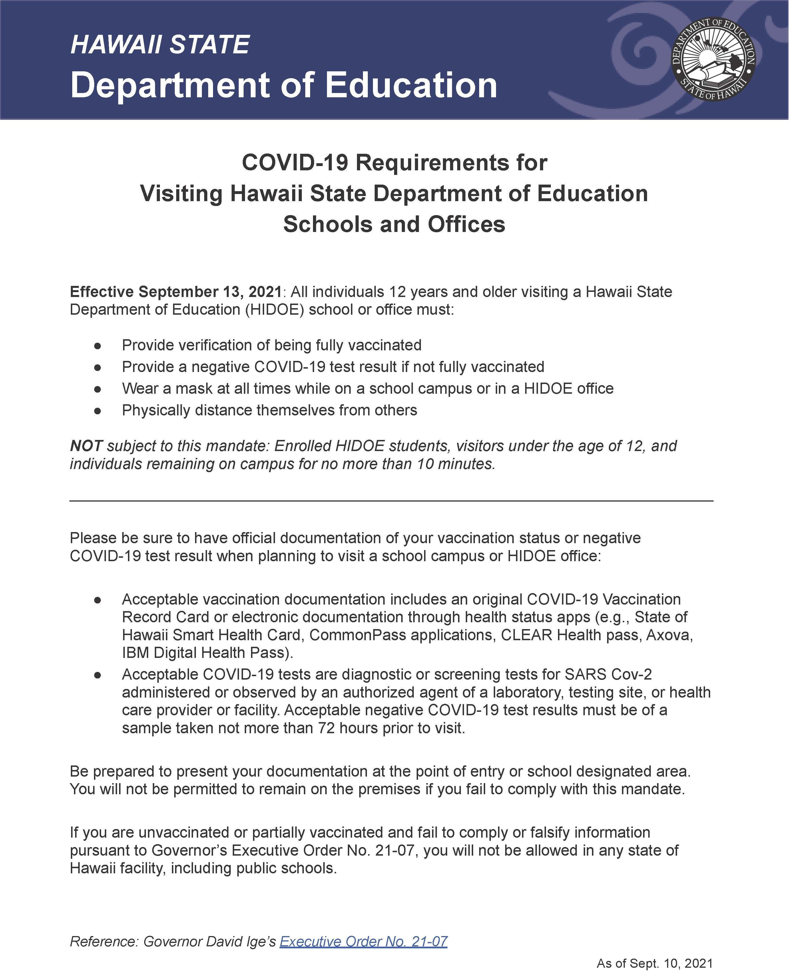CV19 Requirements for Visiting Hawaiʻi DOE Schools & Offices